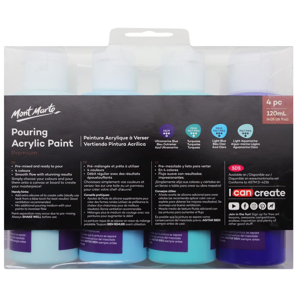 Mont Marte Pouring Acrylic Paint 120ml 4pc Set - Marina 海洋主題丙烯流體畫顏料
