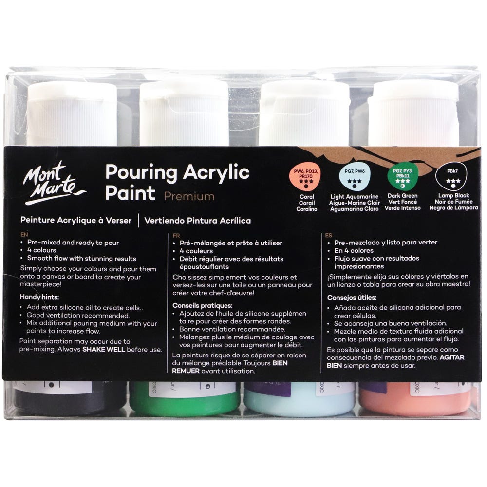 Mont Marte Pouring Acrylic Paint 60ml 4pc Set - Rainforest Rainforest themed acrylic fluid paint
